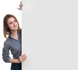 young woman behind the white stand