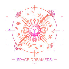 Modern thin line space dreamers illustration. Outline cosmic symbol. Simple mono linear abstract design. Stroke vector logo concept for web graphics.