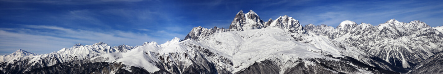 Large panoramic view on Mount Ushba at sunny day