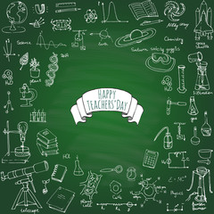 Happy Teachers Day Freehand drawing school items Science theme Hand drawing set of school supplies Sketch Doodle vector illustration Science, physics, calculus, chemistry, biology, astronomy