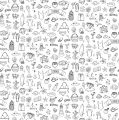 Fototapeta na wymiar Seamless summertime traveling background Hand drawn doodle summer set icons Vector illustration Sketchy summer holiday elements collection Isolated vacation objects Cartoon summer beach journey symbol
