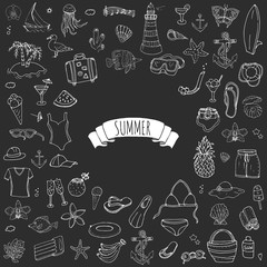 Hand drawn doodle summer set icons Vector illustration Sketchy summer holiday elements collection Isolated vacation objects Cartoon summer beach journey symbols Summertime traveling background