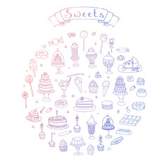Hand drawn doodle Sweets set Vector illustration Sketchy Sweet food icons collection Isolated desert symbols on white background Cupcake Macarons Chocolate bar Candy Cake Pie Pastry Lollipop Pastry