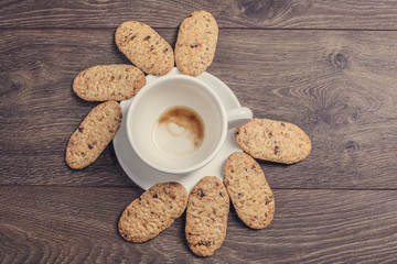 Bread and empy coffee cup.