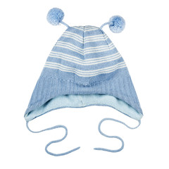 Knitted blue striped cap with a pompon isolated on the white