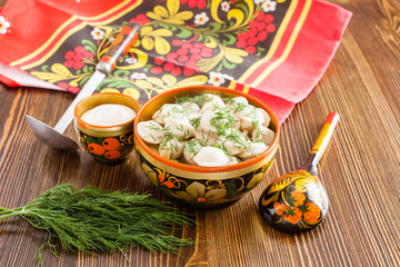 Hot Russian dumplings served dill on plate, selective focus