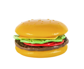 Children's hamburger, cheeseburger, toy plastic, isolated on white