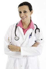 Fototapeta premium Female doctor with stephascope using a computer tablet