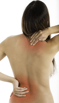 Woman with back and shoulder pain.
Can be cropped just to show lower or upper back pain.
Shot on a white background