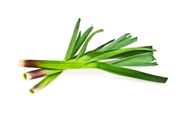 Fototapeta premium Young green garlic leaves isolated on a white background