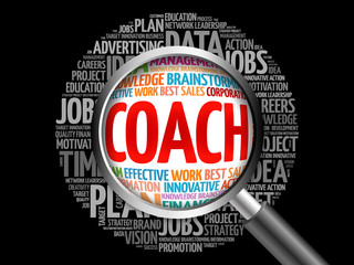 Coach word cloud with magnifying glass, business concept