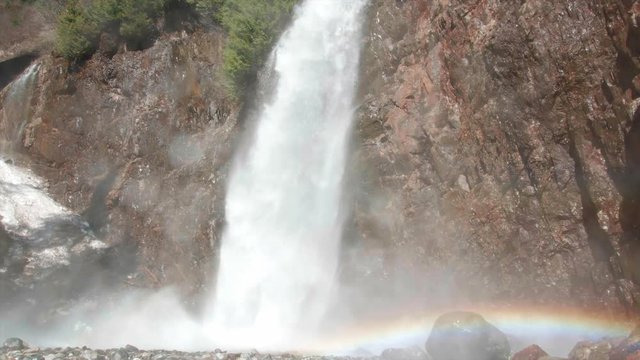 Jib Crane Shot of Waterfall with Rainbow and Water Hitting Lens