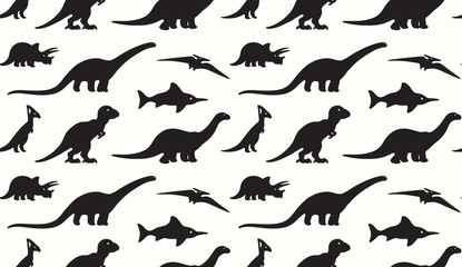 Dinosaurs black silhouettes on white background. Seamless pattern
