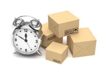 Package and alarm clock, delivery concept. 3d rendering.