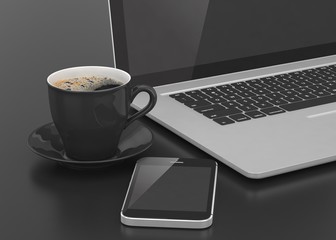 Laptop smartphone and coffee cup. 3d rendering.