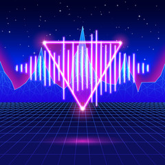 Retro gaming neon background with shiny music wave