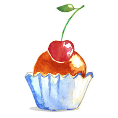 Vector watercolor cupcake with cherry. Can be used for invitation, postcard, greeting card.