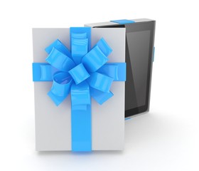 Tablet in gift box. 3D rendering.