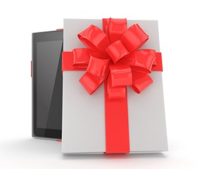Tablet in gift box. 3D rendering.
