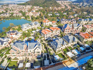 aerial view of houses of modern villa in sunny day