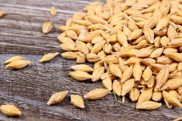 Heap of barley grain on wooden background