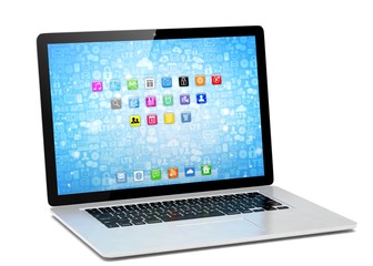 3d rendering of a laptop with blue wallpaper with app icon