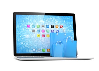 laptop and  shopping pags on white background. 3d rendering.