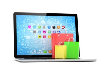 laptop and  shopping pags on white background. 3d rendering.