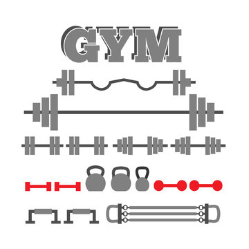 Set Of Sport Gym Equipment Icons. Barbell Dumbbell Kettle Bell Isolated On White Background