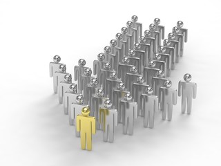 Many 3d people figure in arrow shape with the leader in front. 3d rendering.