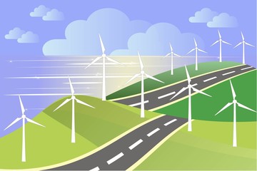 White windmills on green fields, sea coast, blue sky, grey road, vector