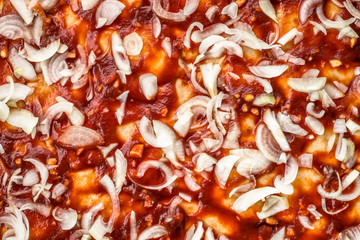 Preparation of pizza margherita with tomato sauce and raw onion