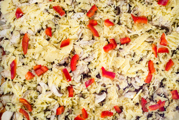 Texture of vegetarian pizza with vegetables with cheese and mushrooms