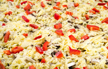 Texture of vegetarian pizza with vegetables with cheese and mushrooms