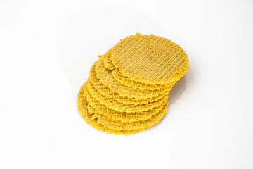 Round wafers, crunchy snack isolated on white background.