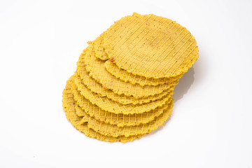 Round wafers, crunchy snack isolated on white background.