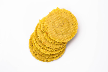 Round wafers, crunchy snack isolated on white background.