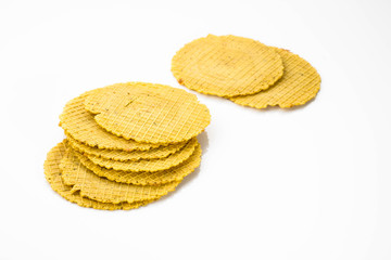 Round wafers, crunchy snack isolated on white background.