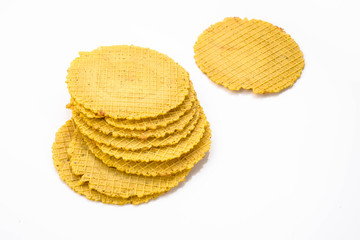 Round wafers, crunchy snack isolated on white background.