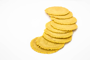 Round wafers, crunchy snack isolated on white background.