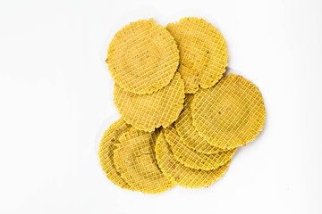 Round wafers, crunchy snack isolated on white background.