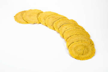 Round wafers, crunchy snack isolated on white background.