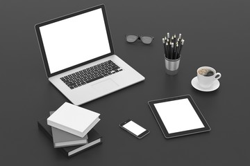 Responsive mockup screens. Laptop, tablet, phone on table. 3d rendering. 