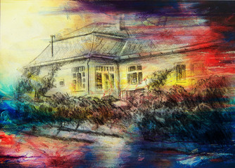 pencil drawning of a house with wine garten in the front. color painting background. computer collage.