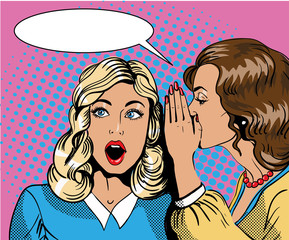 Pop art retro comic vector illustration. Woman whispering gossip or secret to her friend. 