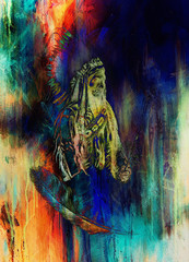 Obraz premium drawing of native american indian foreman Sitting Bull - Totanka Yotanka according historic photography, with beautiful feather headdress. Computer collage.