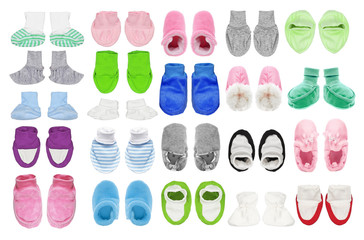 Children's wear - Set of kid's newborn baby shoes, bootees, isolated on the white