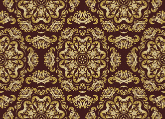 Damask seamless ornament. Traditional pattern. Classic oriental brown and golden background