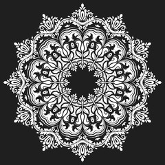 Damask pattern with oriental elements. Abstract traditional black and white round ornament