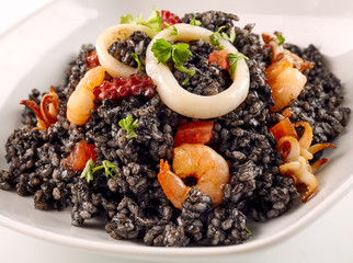 Black Rice Dish with Fresh Seafood in Bowl